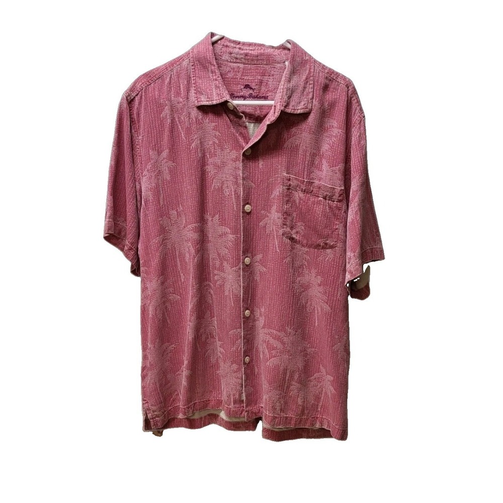Tommy Bahama Mens Red Short Sleeve Silk Chambray Trim Casual Shirt Large